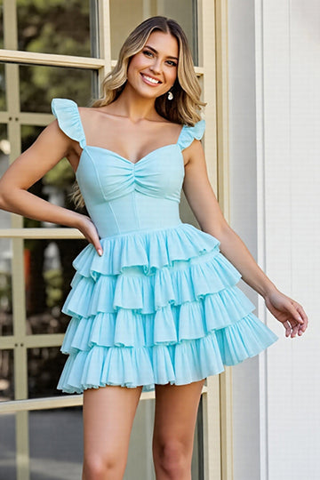 Blue Tiered A Line Ruffled Homecoming Dress